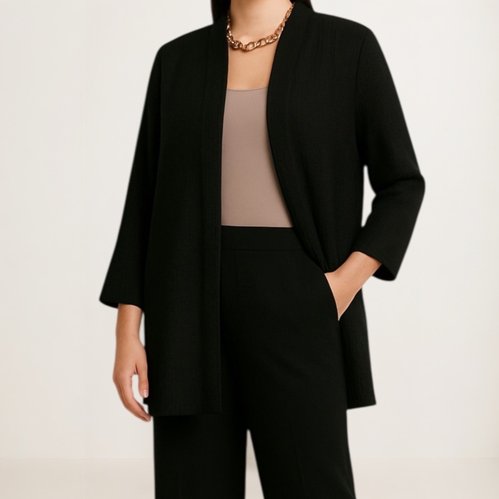 Eileen‎ Fisher Petite Black Textured Open Front Rayon Silk Blend Cardigan PP